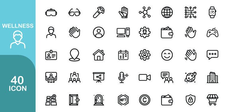 Collection of 40 line icons for business technology and wellness concepts. the icons are microphone, video camera, smiley face, home, wallet. vector illustration.