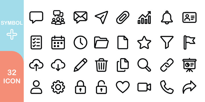 Collection of 32 modern line icons for business and productivity. the icons are search, pencil, star, watch. vector illustration.