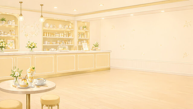 Soft yellow cafe interior background with dessert table and large copy space (AI generated)｜デザートテーブルと大きな余白がある黄色のカフェ背景素材（生成AI）