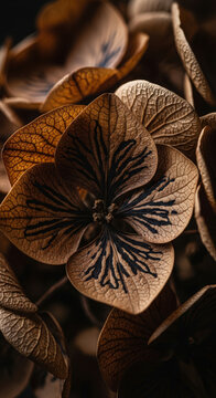 Dried Hydrangea Bloom with Veins Detail Close Up Beauty Nature Autumnal Color Palette Textures Patterns Dark Floral Background Botanical Still Life
