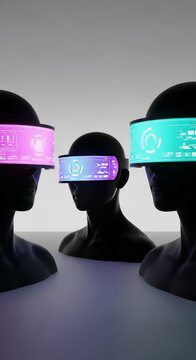 Sleek holographic visors with glowing digital interfaces presented on futuristic silhouettes in a clean, minimalist studio composition, bright, cyber, technology