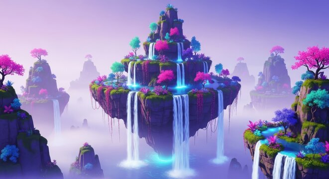 Surreal landscape featuring tiered floating islands suspended in a misty violet atmosphere with glowing flora and cascading water falls, atmosphere, horizon, floating