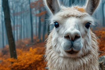 Fototapeta premium Funny Llama Portrait in Misty Autumn Forest, Curious Animal Close Up