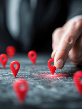 Person placing a red location marker on a detailed map with multiple other markers highlighting geographic points for strategic planning and navigation