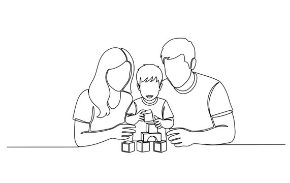 Family playing with a child building blocks, showing bonding and parenting moments. Continuous line illustration, hand drawn single line vector