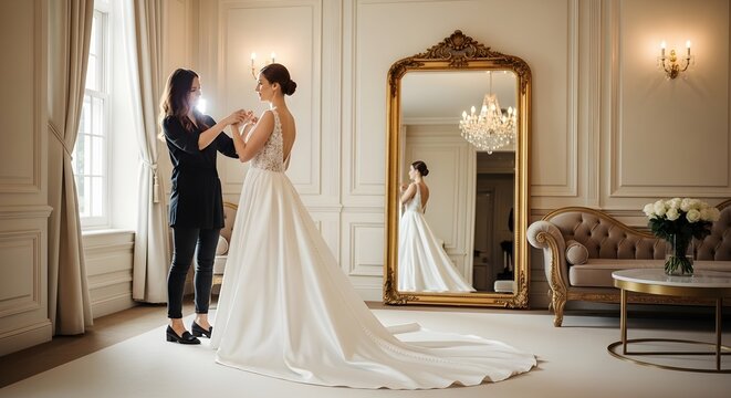 Elegant bride getting ready in a luxury suite with a stylist.