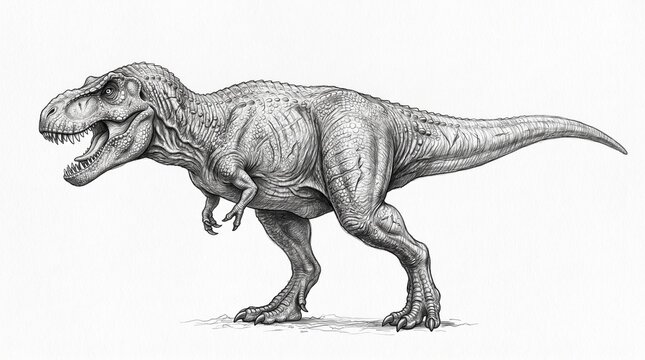 Fine line pencil drawing of roaring tyrannosaurus rex dinosaur.