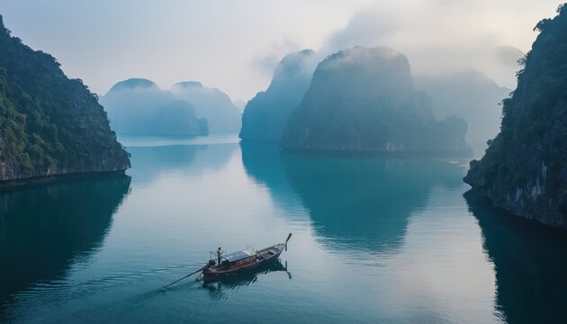 A solitary longtail boat glides through the misty limestone karsts of Ha Long Bay, creating a serene and cinematic travel scene that captures the mystical beauty of Southeast Asian landscapes.