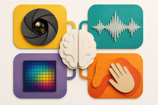 Creative brain with camera audio color and touch icons connected in a concept of sensory intelligence and multimodal perception