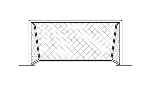 A soccer goal stands alone on a field with netting and posts.