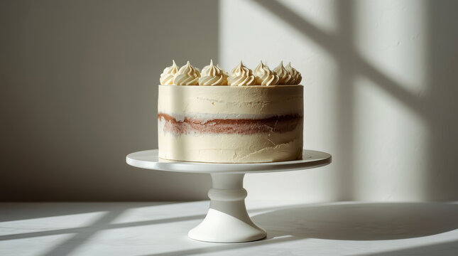 Cream layered cake with whipped frosting rosettes on white pedestal in soft sunlight