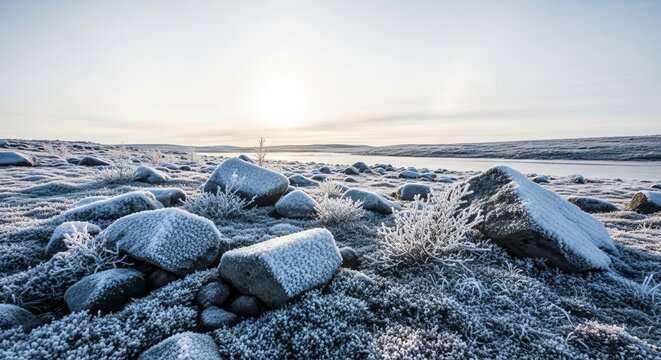 Frozen tundra landscape with frost covered rocks and sparse vegetation at sunrise