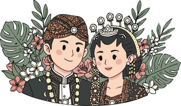 Traditional Javanese Couple Comic Art with Romantic Flower Background