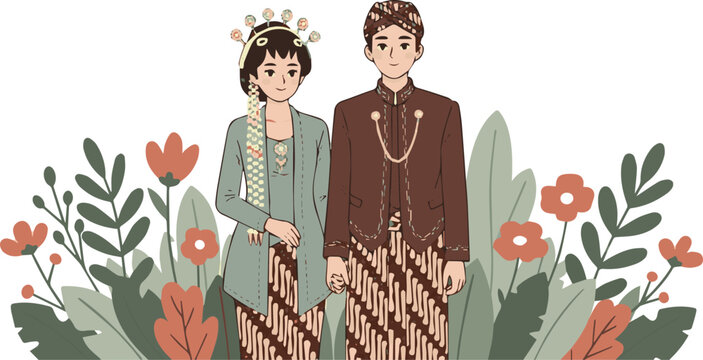 Sweet Javanese Couple Illustration for Cultural Marriage Stationery