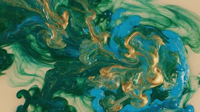 Abstract artwork featuring vibrant colors of blue, green and gold blending together to create a unique and artistic design on a neutral background
