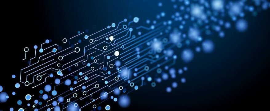 numerous light blue dots and connecting lines resembling a circuit board pattern are arranged diagonally from the bottom left to the top right Generative AI