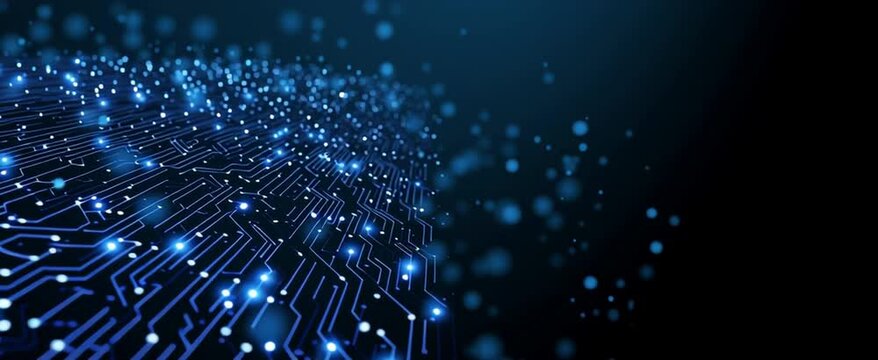Title: dark blue technological background with a gradient shifting to black on the right side glowing blue dots and interconnected lines, mimicking a circuit diagram Generative AI