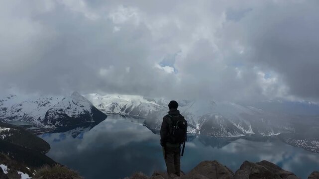 Hiker Overlooking Garibaldi Lake From Panorama Ridge In British Columbia Canada