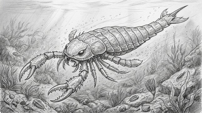 Detailed pencil sketch of giant eurypterid Pterygotus sp. swimming in ancient sea.