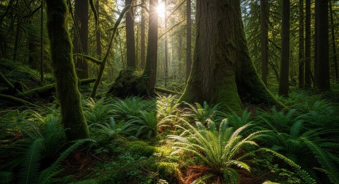 Sunlight streams through a lush, mossy temperate rainforest filled with ferns and ancient trees.