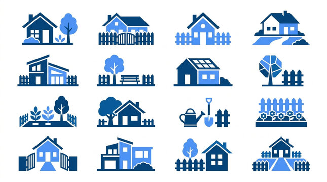 Collection of house icons and fences.