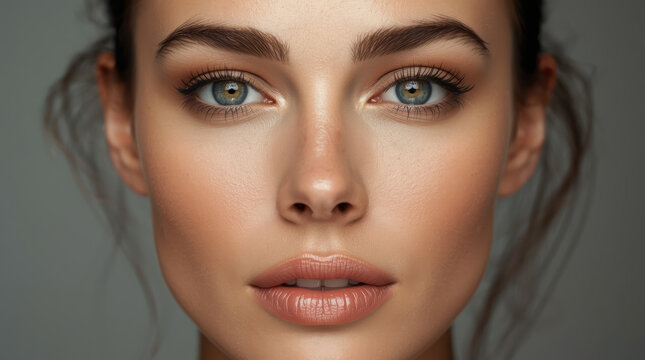 Smooth close up portrait of young woman with clear skin and luminous eyes