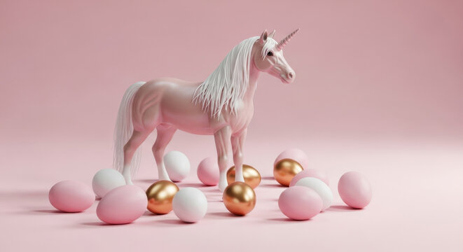 Unicorn Toy with Eggs Pastel Color Concept Myth Fantasy Magical Cute Decoration Decor Ornament Celebration Unicornio Pink Gold White