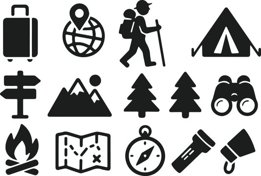 Camping safety and survival icons for outdoor emergencies