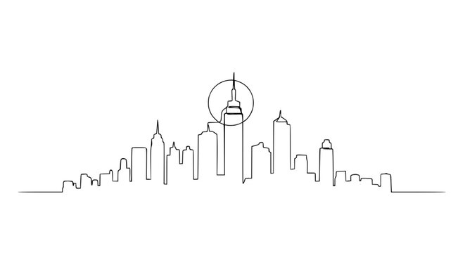 Minimalist Skyline Silhouette: Continuous Line Drawing of Cityscape with Tall Buildings