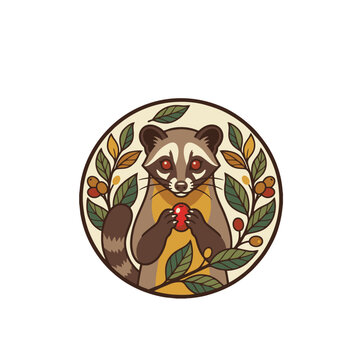 Vintage style luwak civet holding red coffee cherry emblem vector