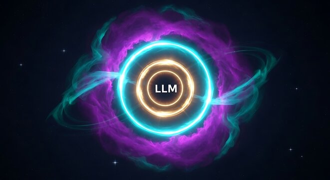 LLM digital core emitting concentric neon pulses of cyan and purple light across a dark atmospheric background. Ideal for use in technology blog headers and software developer advertising.