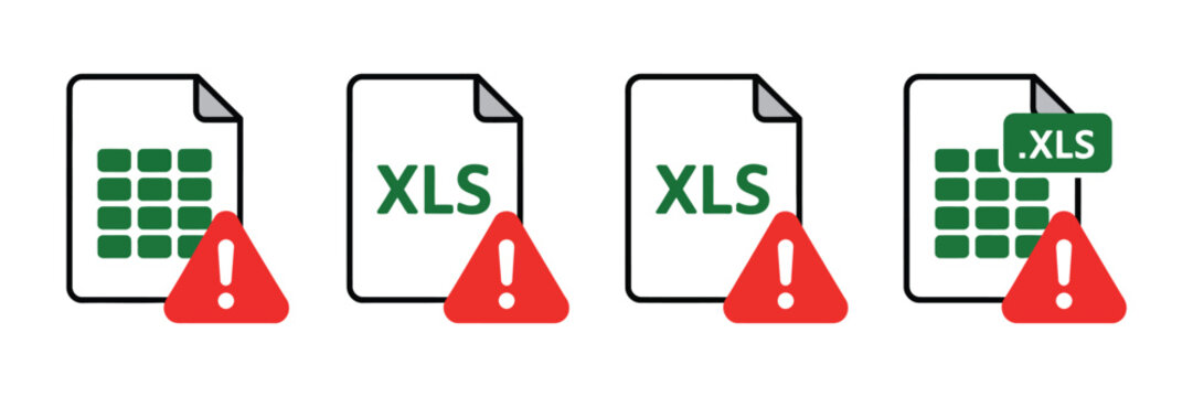 Excel file format error icon with XLS warning symbol for document alert data issue and spreadsheet problem illustration