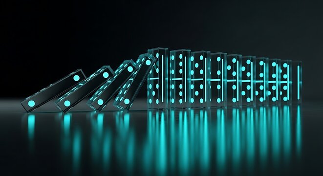 Glowing glass dominoes initiate a chain reaction on a dark mirrored surface with sharp focus and cinematic lighting. Ideal for digital transformation marketing.