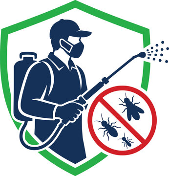 silhouette of pest control worker spraying insecticide with insects in a shield logo high quality professional detailed modern elegant stylish clean crisp