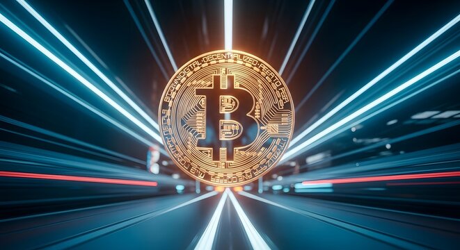Bitcoin future golden cryptocurrency symbol with futuristic light streaks