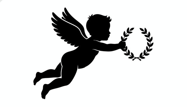 Black silhouette cherub, winged angel, laurel wreath, flying putto icon, victorious child, decorative symbol