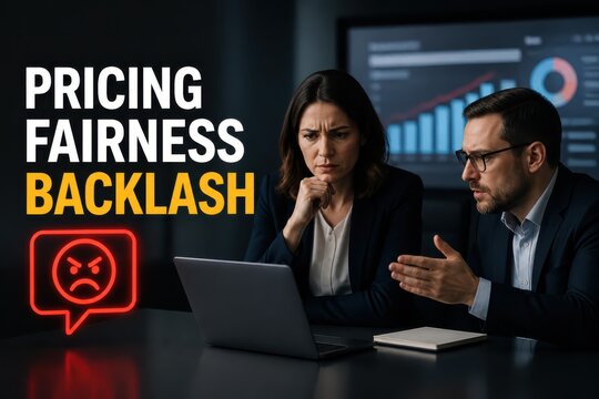 Pricing fairness backlash in business meeting with frustrated colleagues and chart dashboard