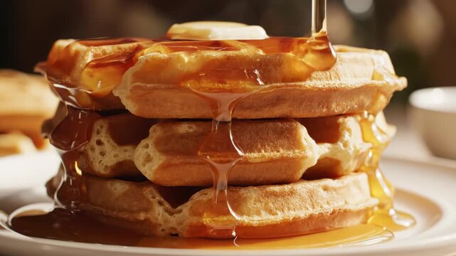 Macro close-up of amber maple syrup pouring over a stack of three golden brown Belgian waffles on a white plate, showcasing detailed texture and dripping syrup in warm light.