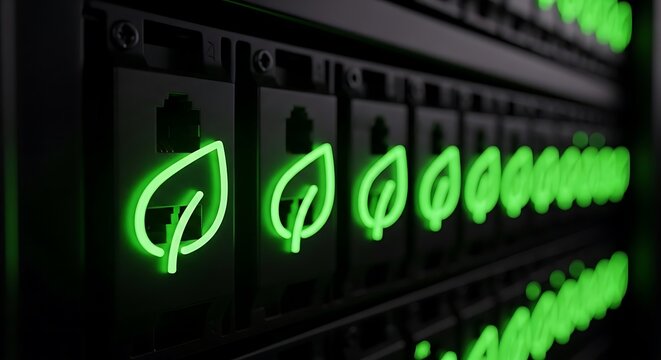 Sustainable server rack components featuring glowing green neon leaf indicators in a high-tech facility with beautiful bokeh. Ideal for eco-friendly cloud computing and green energy marketing.