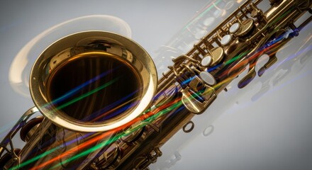 Naklejka premium Close view of a brass saxophone featuring artistic motion blur and vibrant prism light effects, capturing the essence of rhythmic performance, wind instrument, energy, texture