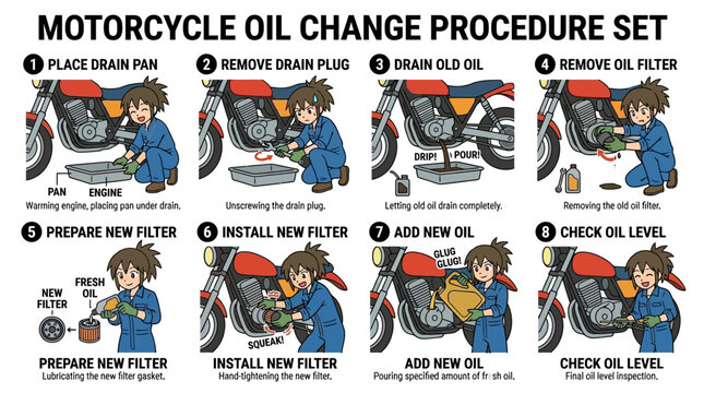 Illustrated step by step guide showing a mechanic performing a complete motorcycle oil change procedure with clear instructions for every stage of the maintenance process.