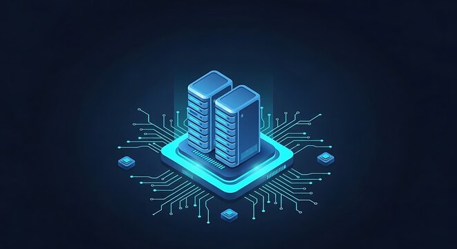 Server racks emit blue light from an integrated circuit board against a dark background. The sharp focus highlights technical precision. Ideal for enterprise web hosting marketing materials.