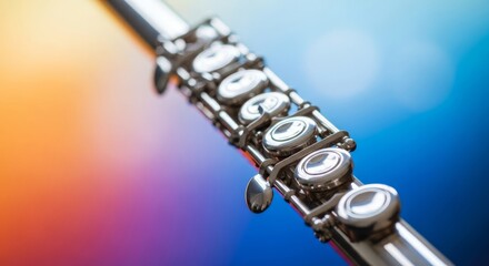 Obraz premium Close-up of a silver transverse flute with a soft bokeh background, shimmering metal keys reflecting gentle light in a dreamlike atmosphere, shallow, melody, keys