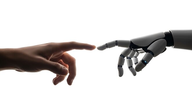 Human and robotic fingers nearly touching in a silhouette composition against a white backdrop. Minimalist shot highlights synergy between biology and engineering. Perfect for AI marketing.