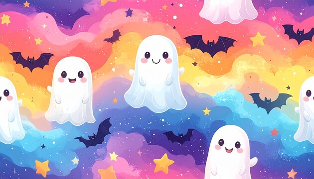 Cute seamless Halloween pattern with candy ghosts and playful bat characters