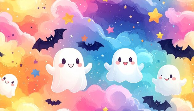 Cute seamless Halloween pattern with candy ghosts and playful bat characters