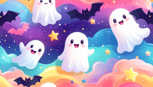 Cute seamless Halloween pattern with candy ghosts and playful bat characters