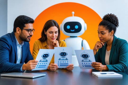 Business team evaluating AI robot performance in modern office meeting