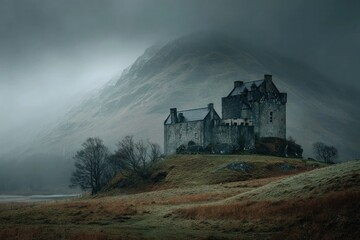 Naklejka premium Misty Castle Amidst Rolling Hills and Bare Trees