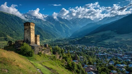 Obraz premium Medieval stone tower on hilltop overlooking mountain town